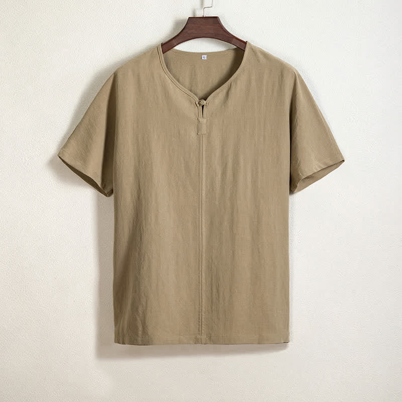 Buddha Stones Camicia da uomo estiva casual a maniche corte con scollo a V, stile Tang. - Tan - US/UK/AU44, EU54 (4XL) - image 0