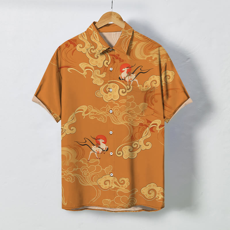 Buddha Stones Camicia da uomo a maniche corte traspirante con bottoni e motivo "Nuvola di buon auspicio e gru celeste". - Perù - US/UK/AU48, EU58 (4XL) - image 0