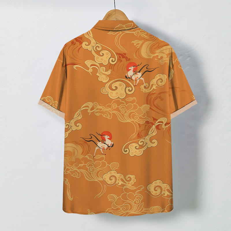 Buddha Stones Camicia da uomo a maniche corte traspirante con bottoni e motivo "Nuvola di buon auspicio e gru celeste". - image 1