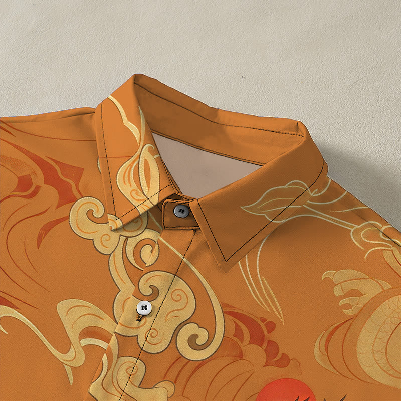 Buddha Stones Camicia da uomo a maniche corte traspirante con bottoni e motivo "Nuvola di buon auspicio e gru celeste". - image 2