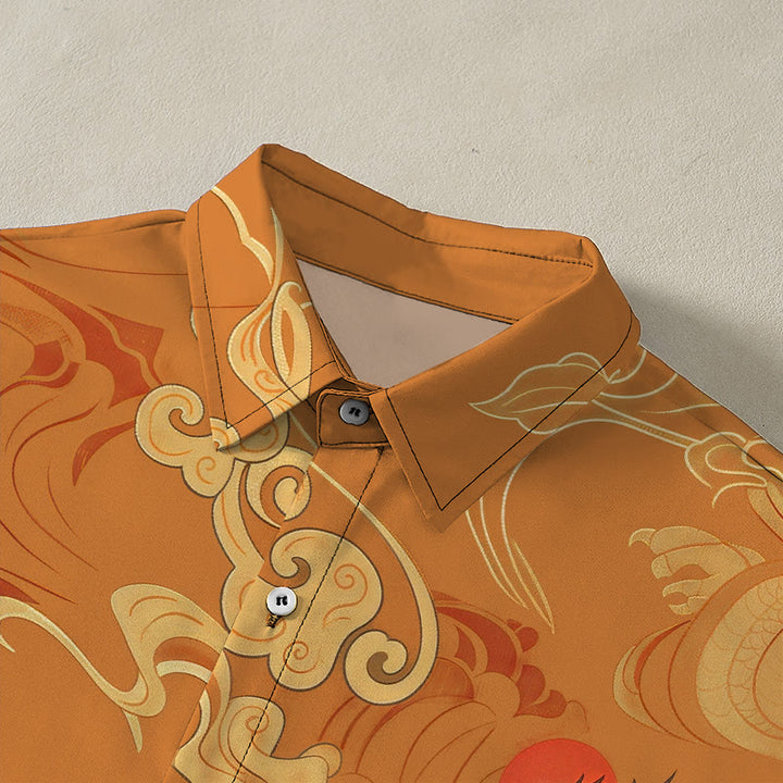 Buddha Stones Camicia da uomo a maniche corte traspirante con bottoni e motivo "Nuvola di buon auspicio e gru celeste". - image 2