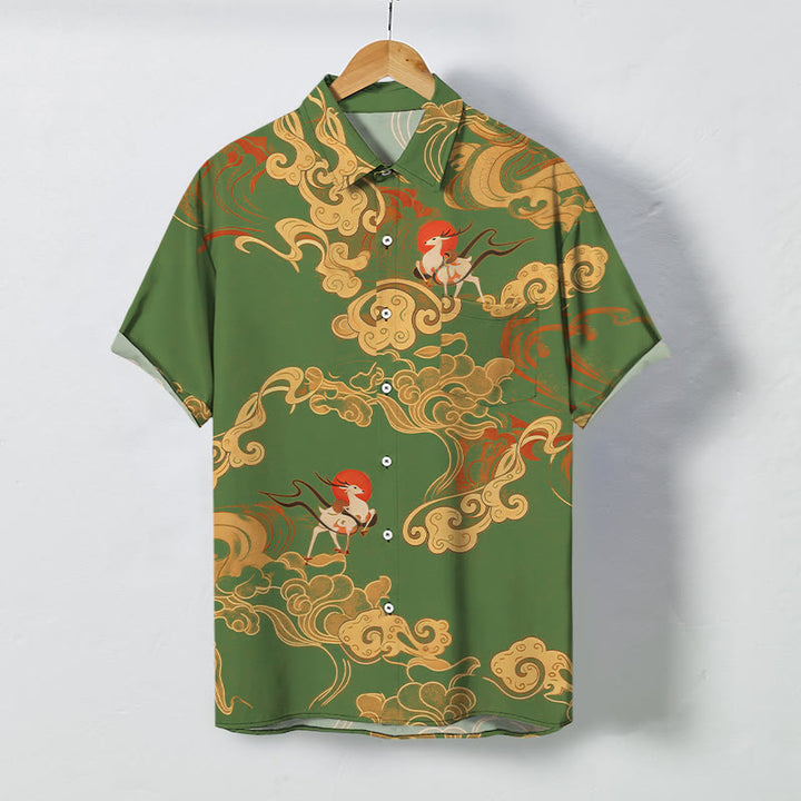 Buddha Stones Camicia da uomo a maniche corte traspirante con bottoni e motivo "Nuvola di buon auspicio e gru celeste". - Verde oliva - US/UK/AU48, EU58 (4XL) - image 5