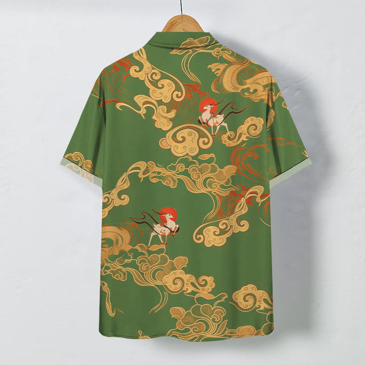 Buddha Stones Camicia da uomo a maniche corte traspirante con bottoni e motivo "Nuvola di buon auspicio e gru celeste". - image 6