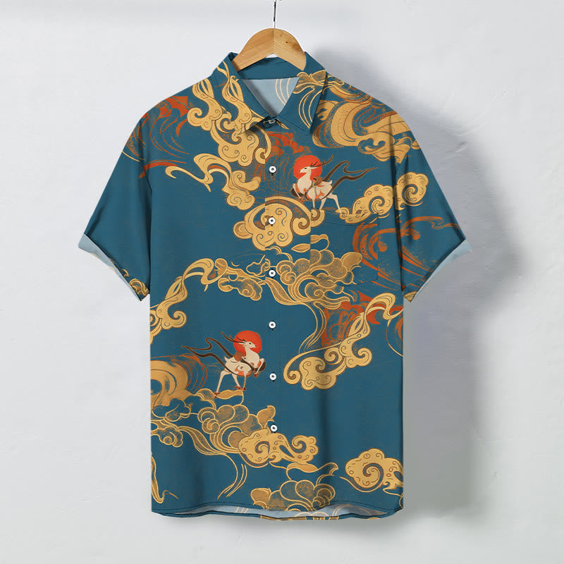 Buddha Stones Camicia da uomo a maniche corte traspirante con bottoni e motivo "Nuvola di buon auspicio e gru celeste". - Verde acqua - US/UK/AU48, EU58 (4XL) - image 7