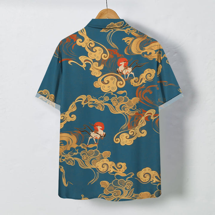 Buddha Stones Camicia da uomo a maniche corte traspirante con bottoni e motivo "Nuvola di buon auspicio e gru celeste". - image 8