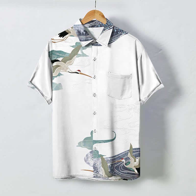 Buddha Stones Camicia da uomo a maniche corte traspirante con bottoni e motivo a nuvole e onde, con stampa gru. - Bianco - US/UK/AU48, EU58 (4XL) - image 0