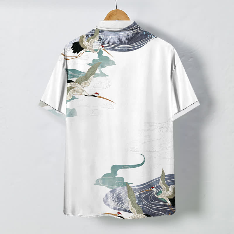 Buddha Stones Camicia da uomo a maniche corte traspirante con bottoni e motivo a nuvole e onde, con stampa gru. - image 1