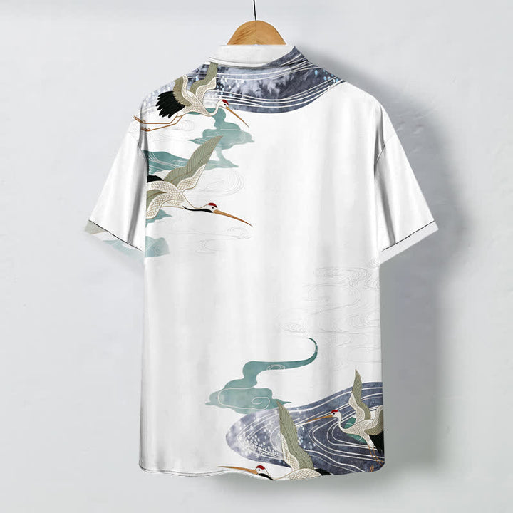 Buddha Stones Camicia da uomo a maniche corte traspirante con bottoni e motivo a nuvole e onde, con stampa gru. - image 1