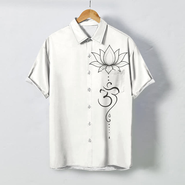 Buddha Stones Camicia da uomo a maniche corte traspirante con bottoni e motivo Lotus Om Line Art. - Bianco - US/UK/AU48, EU58 (4XL) - image 0