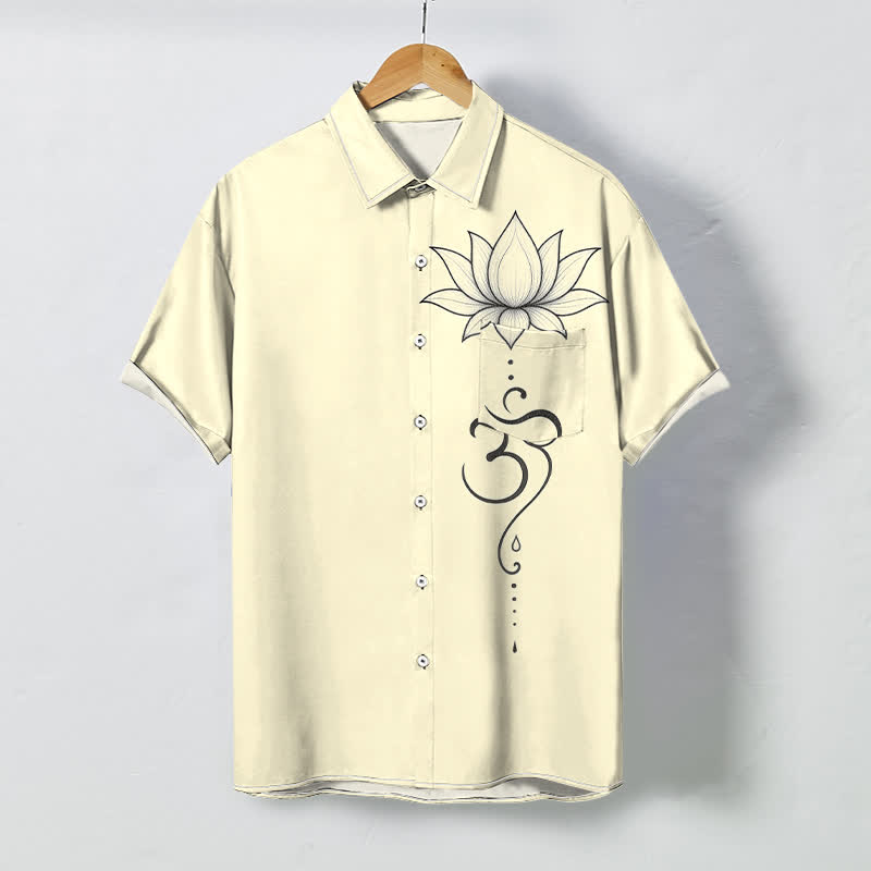 Buddha Stones Camicia da uomo a maniche corte traspirante con bottoni e motivo Lotus Om Line Art. - Beige - US/UK/AU48, EU58 (4XL) - image 5