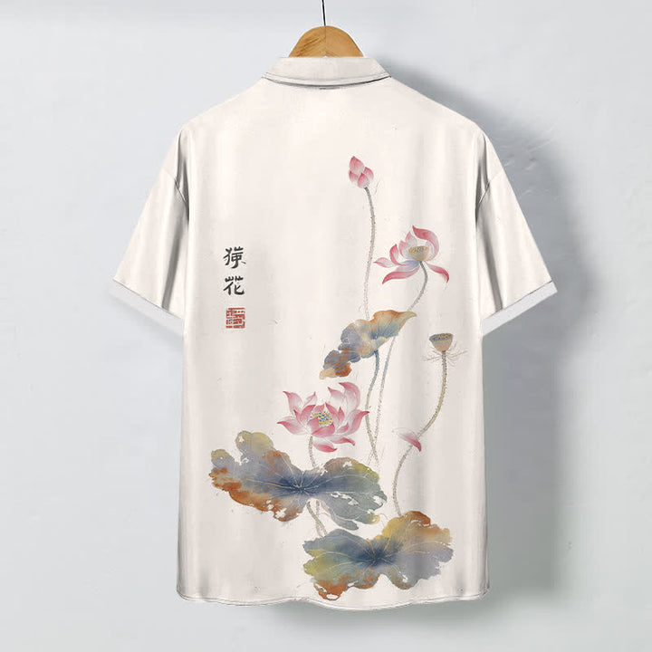 Buddha Stones Camicia da uomo a maniche corte traspirante con bottoni e motivo calligrafico a loto. - image 1