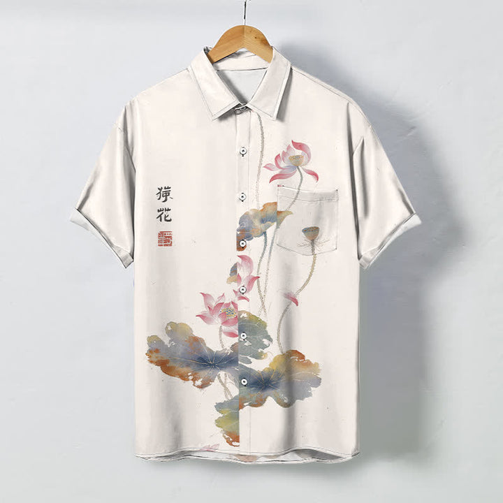 Buddha Stones Camicia da uomo a maniche corte traspirante con bottoni e motivo calligrafico a loto. - Avorio - US/UK/AU48, EU58 (4XL) - image 0