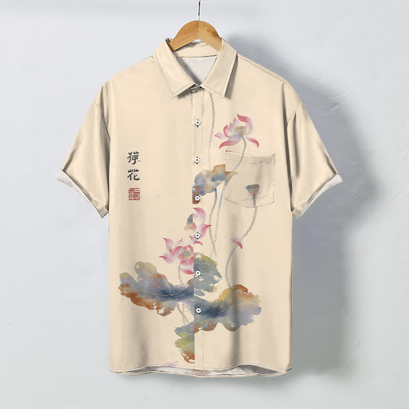 Buddha Stones Camicia da uomo a maniche corte traspirante con bottoni e motivo calligrafico a loto. - Bianco antico - US/UK/AU48, EU58 (4XL) - image 3