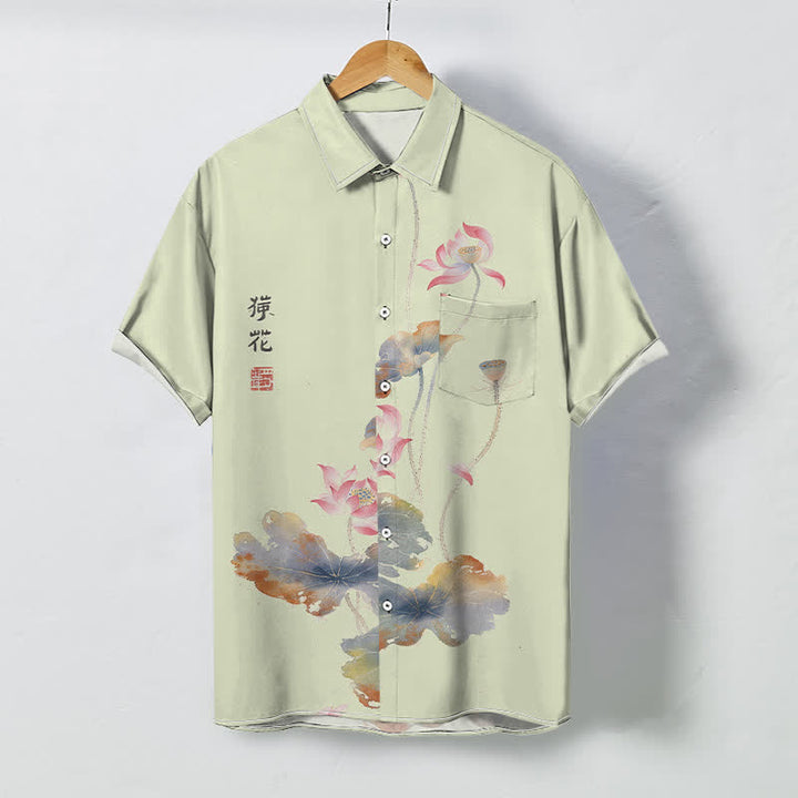 Buddha Stones Camicia da uomo a maniche corte traspirante con bottoni e motivo calligrafico a loto. - GialloVerde - US/UK/AU48, EU58 (4XL) - image 5