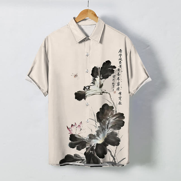 Buddha Stones Camicia da uomo a maniche corte traspirante con bottoni e motivo floreale calligrafico a inchiostro. - Beige - US/UK/AU48, EU58 (4XL) - image 0