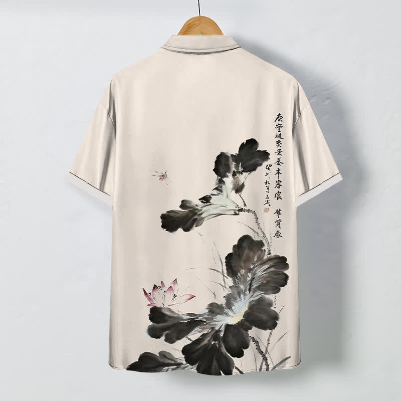 Buddha Stones Camicia da uomo a maniche corte traspirante con bottoni e motivo floreale calligrafico a inchiostro. - image 1