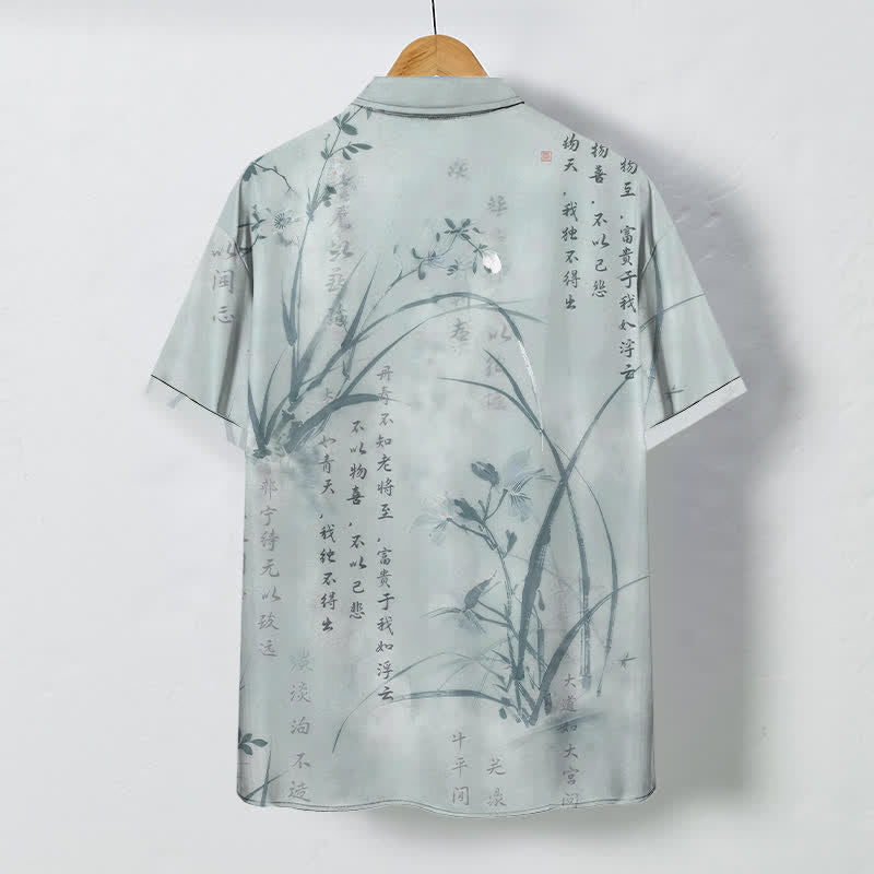 Buddha Stones Camicia da uomo a maniche corte traspirante con bottoni e motivo calligrafico in bambù e inchiostro. - image 1