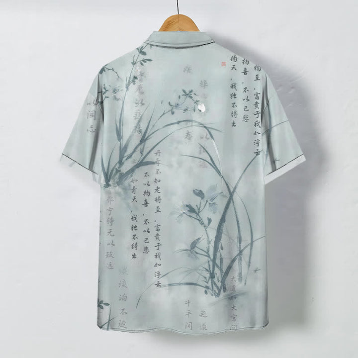 Buddha Stones Camicia da uomo a maniche corte traspirante con bottoni e motivo calligrafico in bambù e inchiostro. - image 1