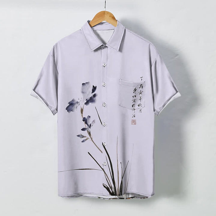 Buddha Stones Camicia da uomo a maniche corte traspirante con bottoni e motivo a sigillo floreale e calligrafico. - Lavanda - US/UK/AU48, EU58 (4XL) - image 0