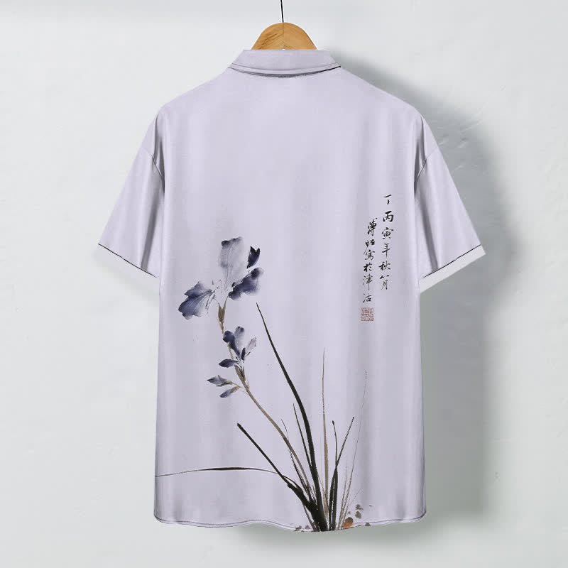 Buddha Stones Camicia da uomo a maniche corte traspirante con bottoni e motivo a sigillo floreale e calligrafico. - image 1