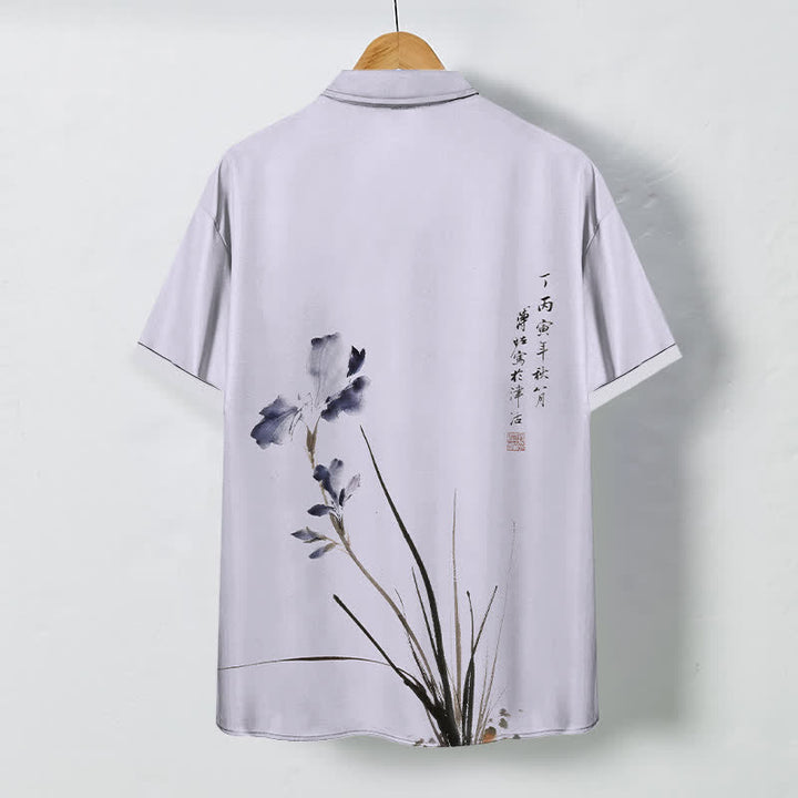 Buddha Stones Camicia da uomo a maniche corte traspirante con bottoni e motivo a sigillo floreale e calligrafico. - image 1