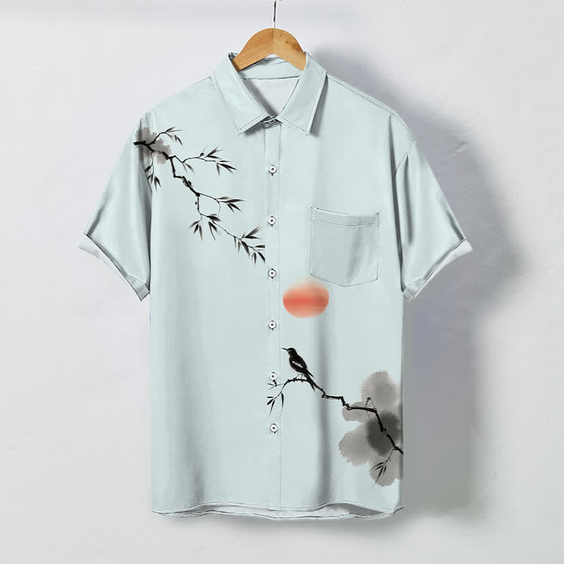 Buddha Stones Camicia da uomo a maniche corte traspirante con motivo uccelli, sole e bambù, stampa inchiostro, bottoni. - Ciano chiaro - US/UK/AU48, EU58 (4XL) - image 5