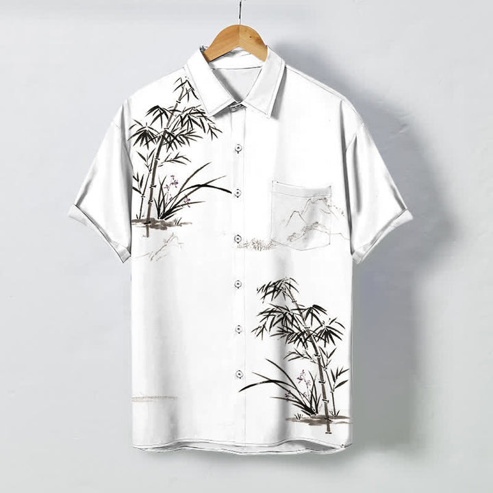 Buddha Stones Camicia da uomo a maniche corte traspirante con motivo paesaggio di bambù e bottoni, stampa inchiostro. - Bianco - US/UK/AU48, EU58 (4XL) - image 0