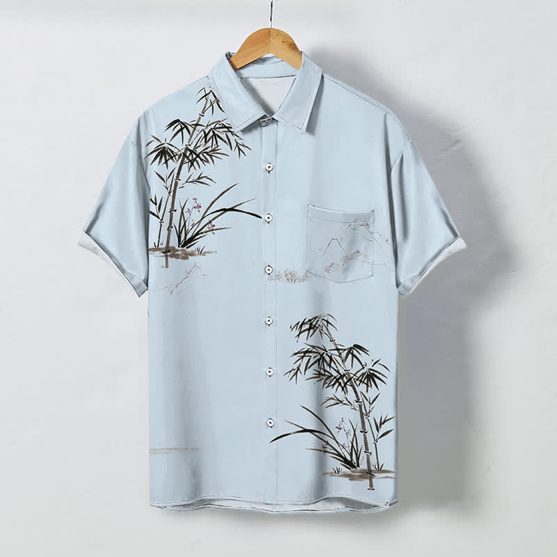 Buddha Stones Camicia da uomo a maniche corte traspirante con motivo paesaggio di bambù e bottoni, stampa inchiostro. - Azzurro polvere - US/UK/AU48, EU58 (4XL) - image 3