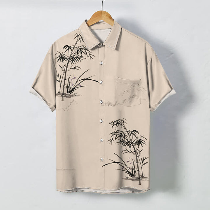 Buddha Stones Camicia da uomo a maniche corte traspirante con motivo paesaggio di bambù e bottoni, stampa inchiostro. - Bianco antico - US/UK/AU48, EU58 (4XL) - image 5
