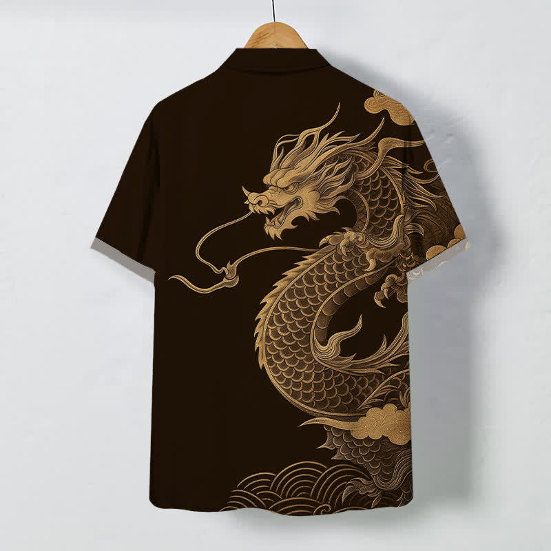 Buddha Stones Camicia da uomo a maniche corte traspirante con bottoni e motivo drago orientale dorato. - image 1