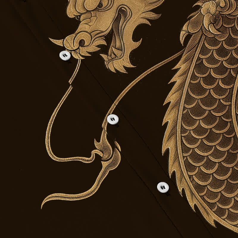 Buddha Stones Camicia da uomo a maniche corte traspirante con bottoni e motivo drago orientale dorato. - image 3