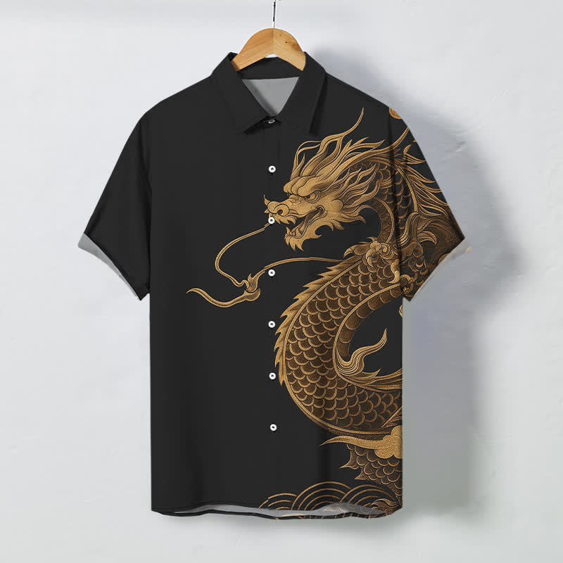 Buddha Stones Camicia da uomo a maniche corte traspirante con bottoni e motivo drago orientale dorato. - Nero - US/UK/AU48, EU58 (4XL) - image 5