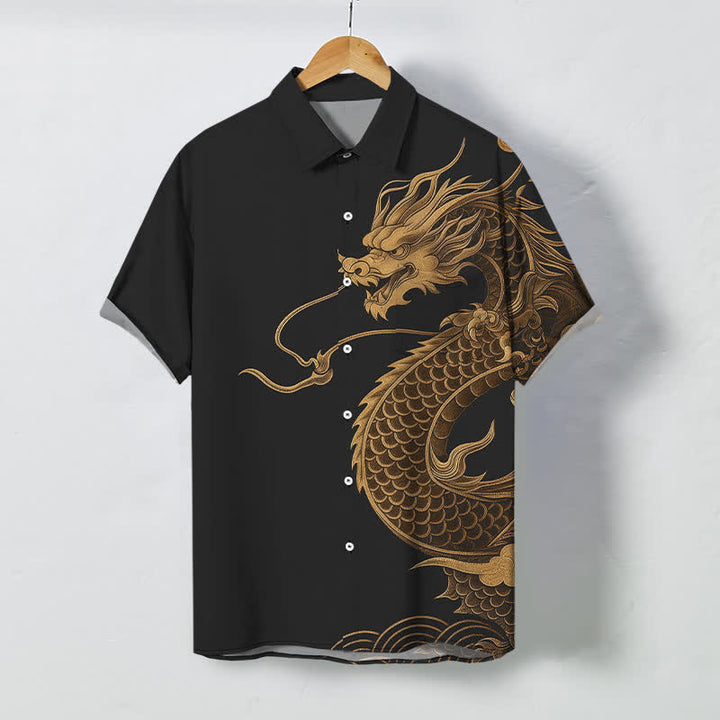 Buddha Stones Camicia da uomo a maniche corte traspirante con bottoni e motivo drago orientale dorato. - Nero - US/UK/AU48, EU58 (4XL) - image 5