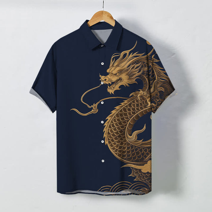 Buddha Stones Camicia da uomo a maniche corte traspirante con bottoni e motivo drago orientale dorato. - Blu notte - US/UK/AU48, EU58 (4XL) - image 7