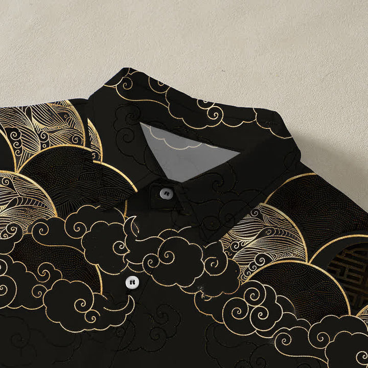 Buddha Stones Camicia da uomo a maniche corte traspirante con bottoni e motivo a onde di nuvole dorate e luna. - image 2