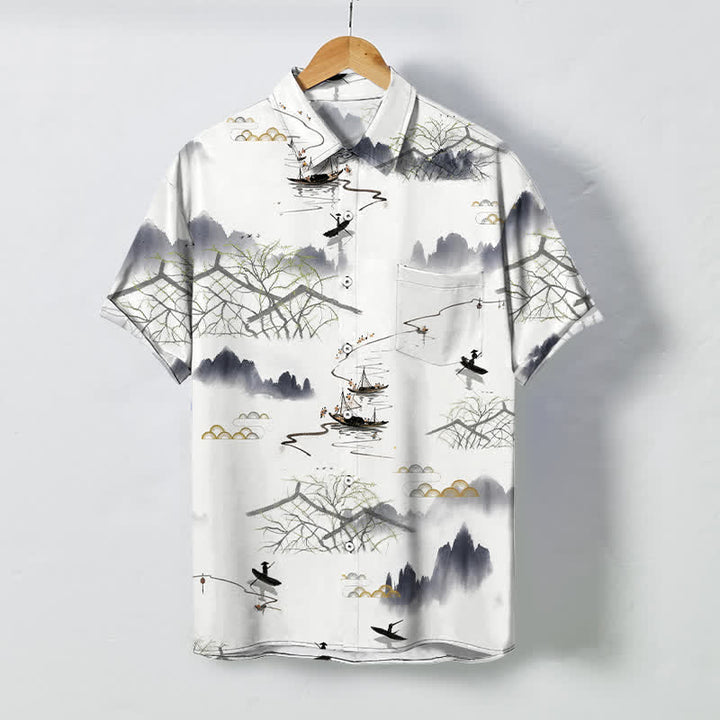 Buddha Stones Camicia da uomo a maniche corte traspirante con motivo paesaggistico, montano e barca, bottoni e stampa a inchiostro. - Bianco - US/UK/AU48, EU58 (4XL) - image 0