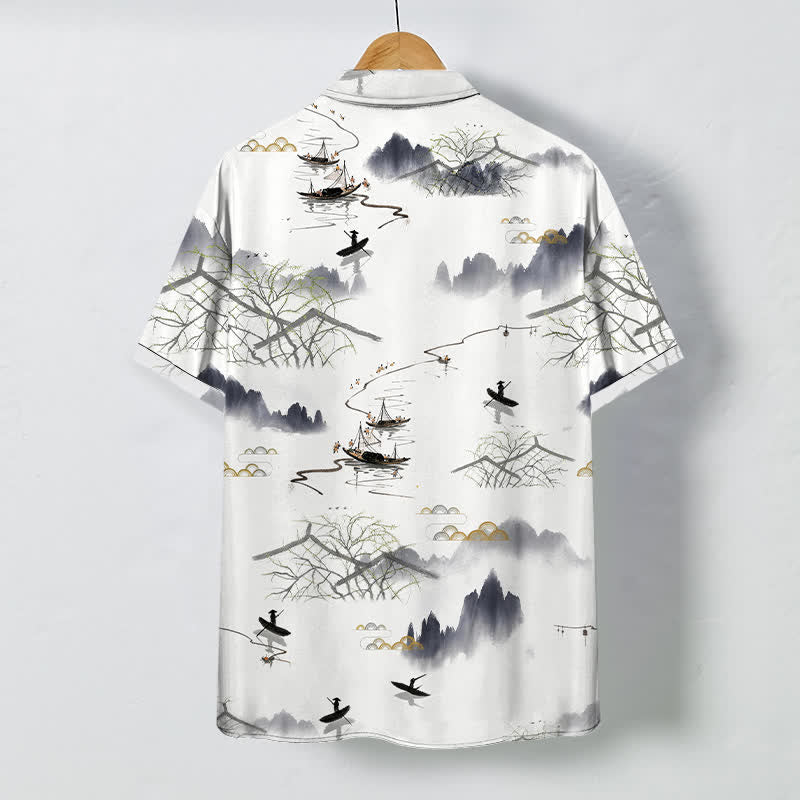 Buddha Stones Camicia da uomo a maniche corte traspirante con motivo paesaggistico, montano e barca, bottoni e stampa a inchiostro. - image 1