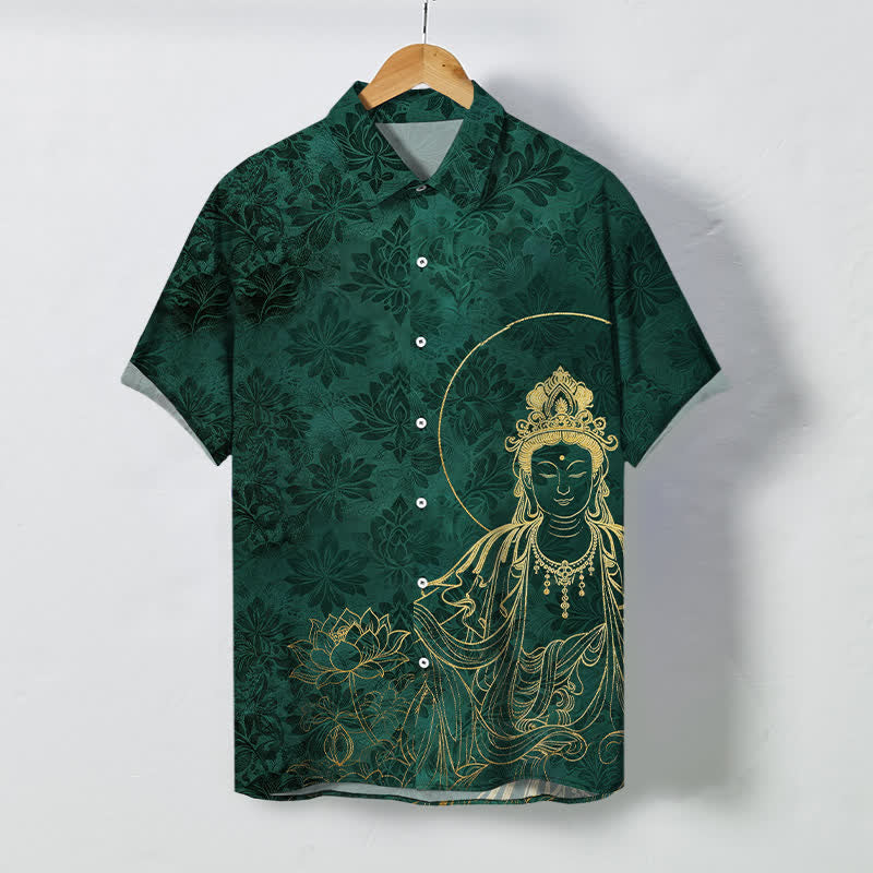 Buddha Stones Camicia da uomo a maniche corte con bottoni a fantasia botanica vintage a forma di loto, resistente alle pieghe. - Verde scuro - US/UK/AU48, EU58 (4XL) - image 0