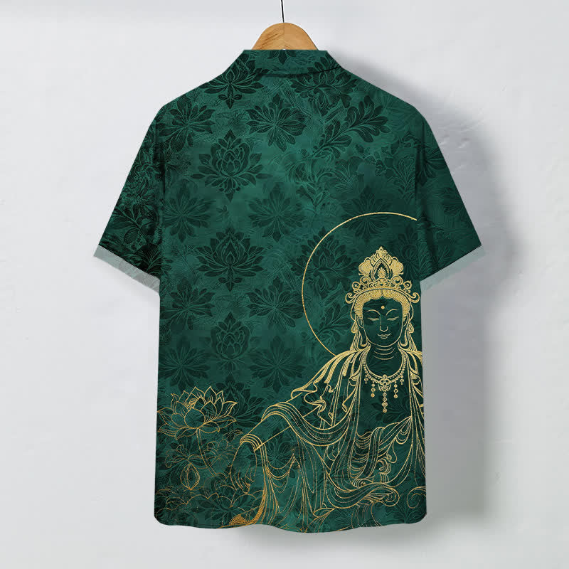 Buddha Stones Camicia da uomo a maniche corte con bottoni a fantasia botanica vintage a forma di loto, resistente alle pieghe. - image 1