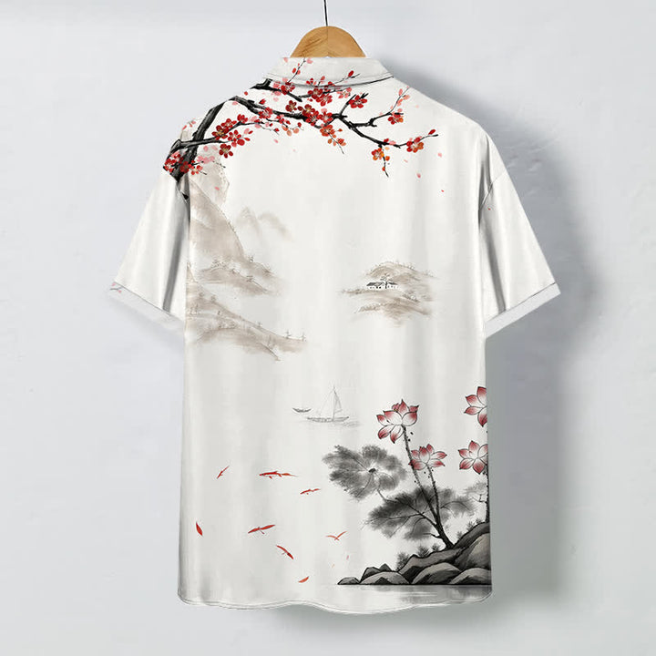 Buddha Stones Camicia da uomo a maniche corte traspirante con motivo floreale rosso e stampa a inchiostro, ispirata a paesaggi, con bottoni. - image 1