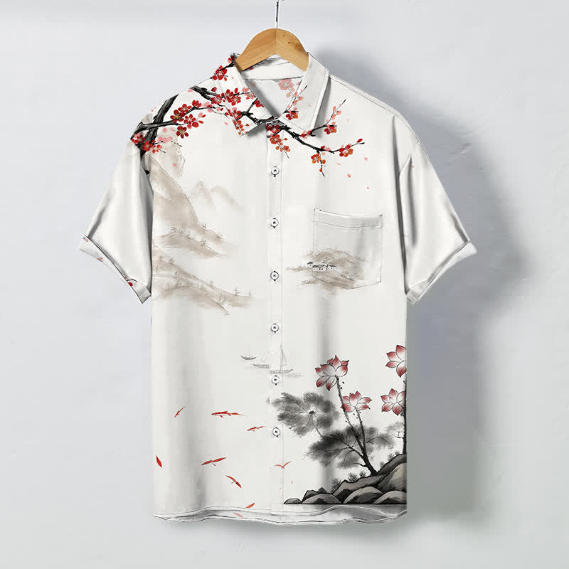Buddha Stones Camicia da uomo a maniche corte traspirante con motivo floreale rosso e stampa a inchiostro, ispirata a paesaggi, con bottoni. - Bianco - US/UK/AU48, EU58 (4XL) - image 0