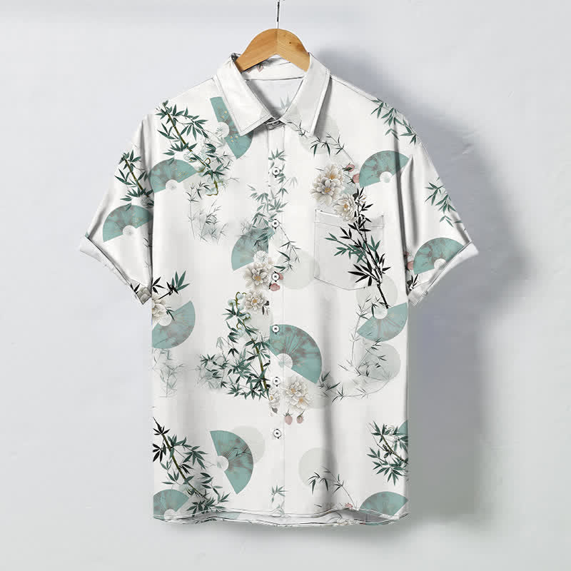 Buddha Stones Camicia da uomo a maniche corte traspirante con bottoni e motivo a fiori di bambù, colore menta. - Bianco - US/UK/AU48, EU58 (4XL) - image 0