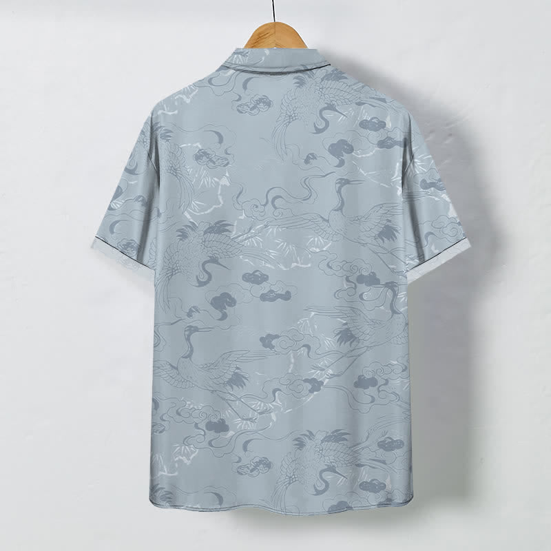 Buddha Stones Camicia da uomo a maniche corte traspirante con bottoni e motivo gru e nuvole. - image 1