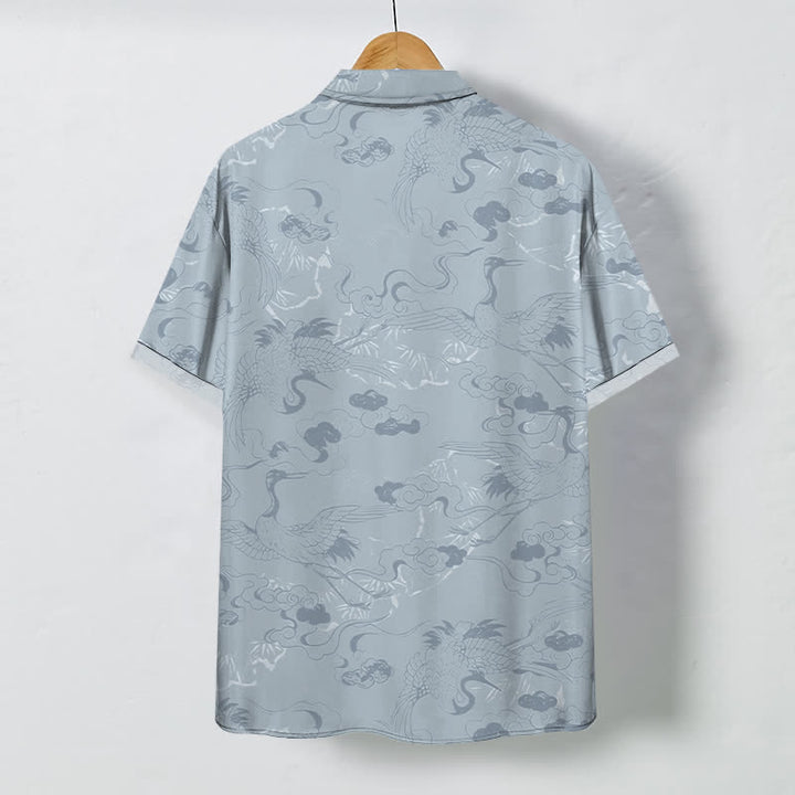 Buddha Stones Camicia da uomo a maniche corte traspirante con bottoni e motivo gru e nuvole. - image 1