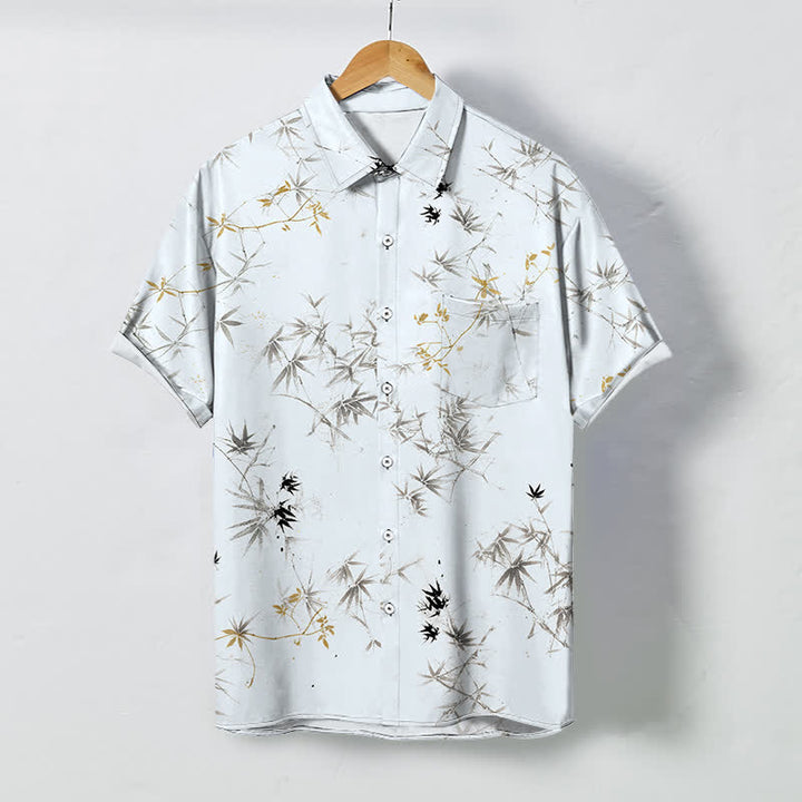 Buddha Stones Camicia da uomo a maniche corte traspirante con bottoni e motivo a foglie di bambù, stampa inchiostro. - Bianco - US/UK/AU48, EU58 (4XL) - image 0