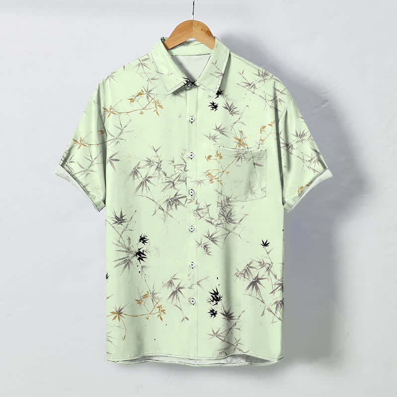 Buddha Stones Camicia da uomo a maniche corte traspirante con bottoni e motivo a foglie di bambù, stampa inchiostro. - Melata - US/UK/AU48, EU58 (4XL) - image 3