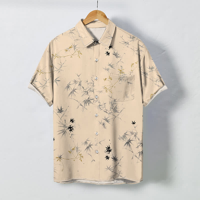 Buddha Stones Camicia da uomo a maniche corte traspirante con bottoni e motivo a foglie di bambù, stampa inchiostro. - Grano - US/UK/AU48, EU58 (4XL) - image 5