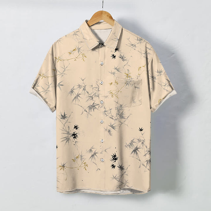 Buddha Stones Camicia da uomo a maniche corte traspirante con bottoni e motivo a foglie di bambù, stampa inchiostro. - Grano - US/UK/AU48, EU58 (4XL) - image 5