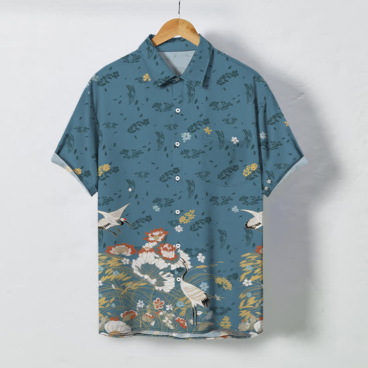 Buddha Stones Camicia da uomo a maniche corte traspirante con bottoni e motivo floreale a gru. - SteelBlue - US/UK/AU48, EU58 (4XL) - image 0