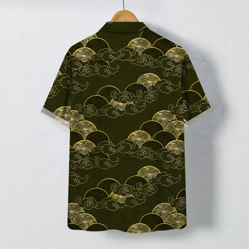 Buddha Stones Camicia da uomo a maniche corte traspirante con bottoni e motivo a onde di nuvole dorate e luna. - image 8